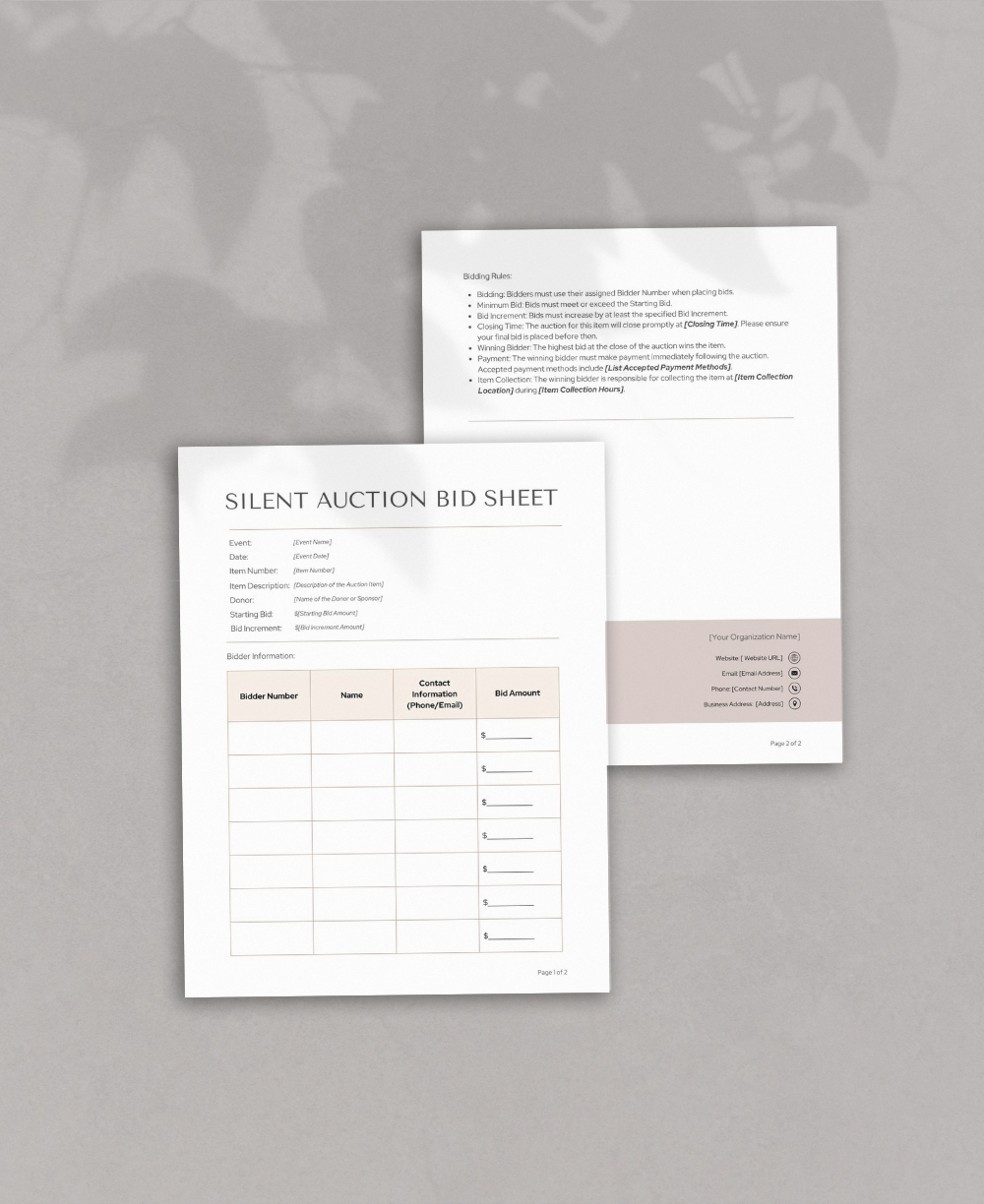 Silent Auction Bid Sheets Mock Ups