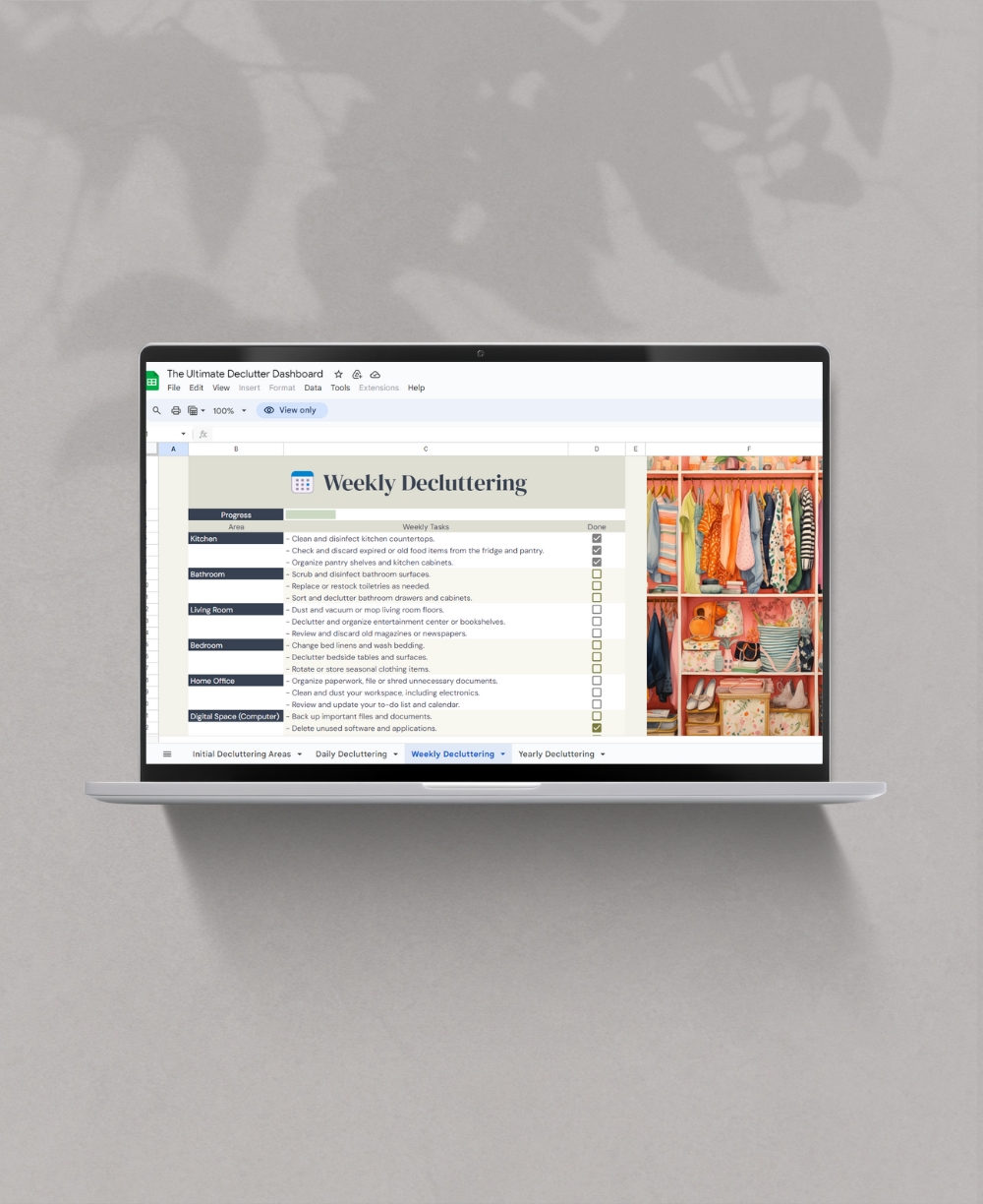 Declutter Dashboard google sheet Mock Up