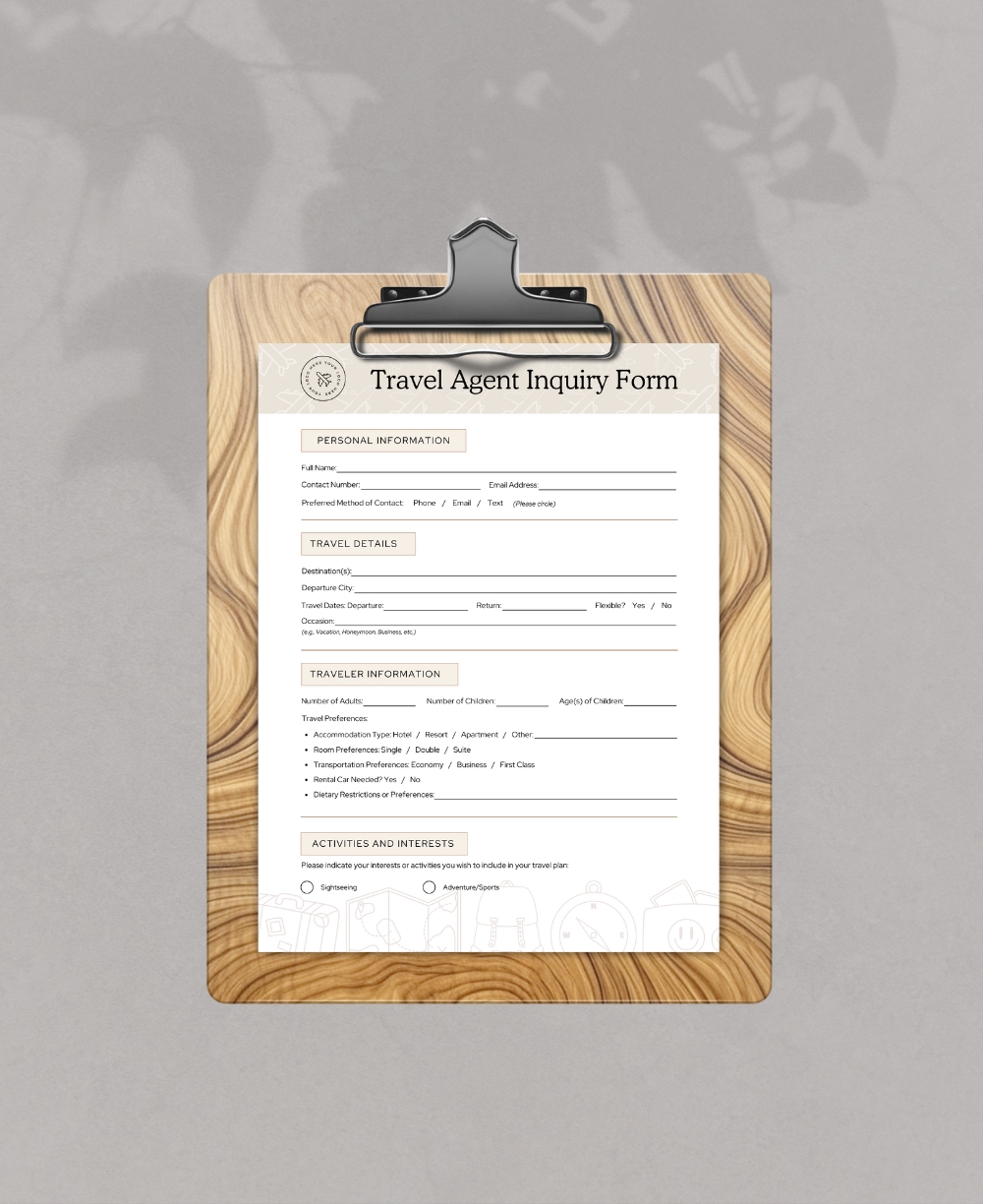 Travel Agent Inquiry Form Clipboard mock up