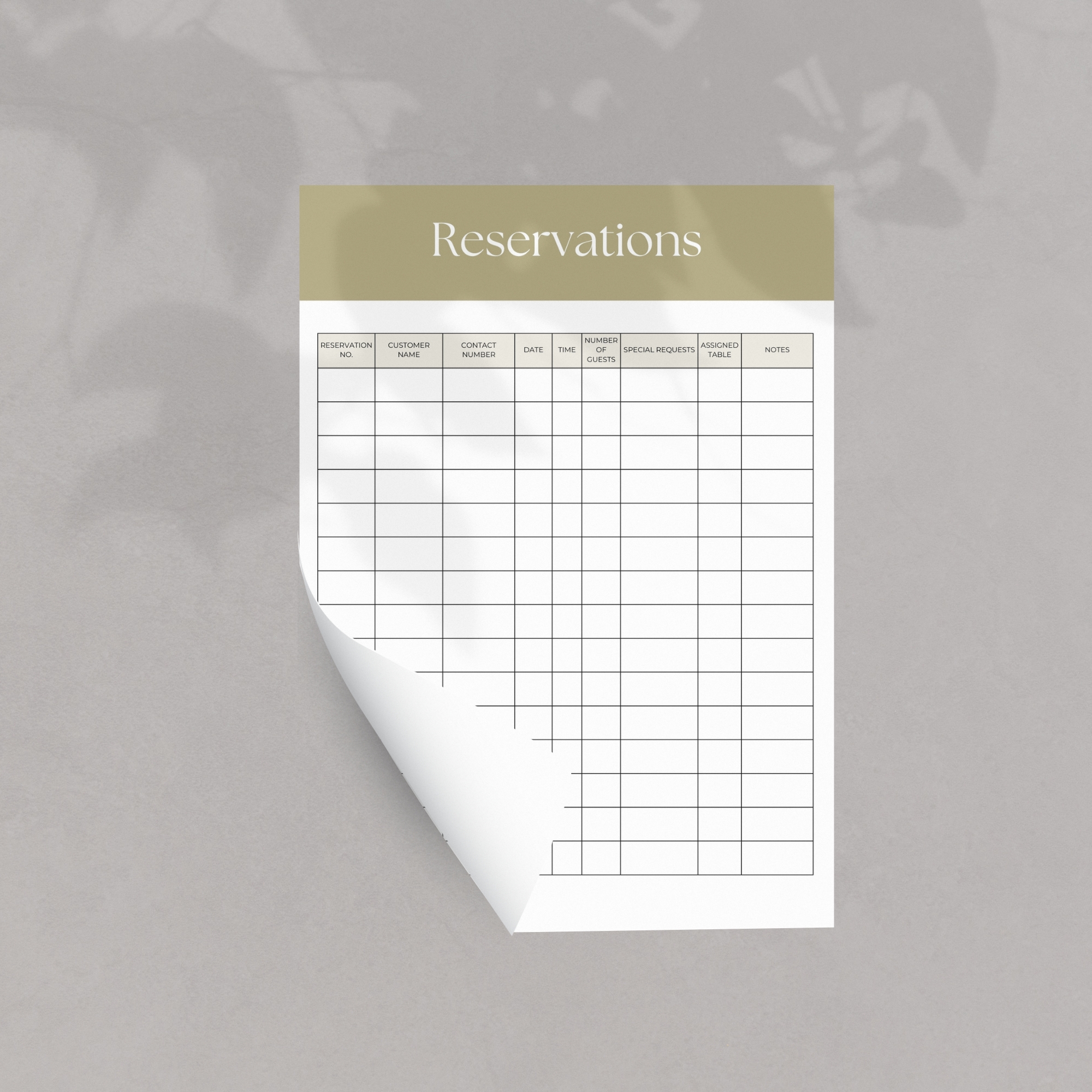 Printable Restaurant Table Reservation one page Mock Up