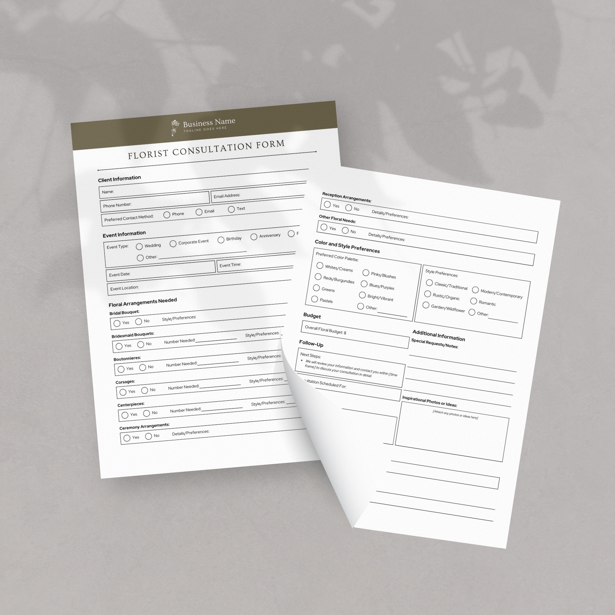 Florist consultation form Two Page Mock Up