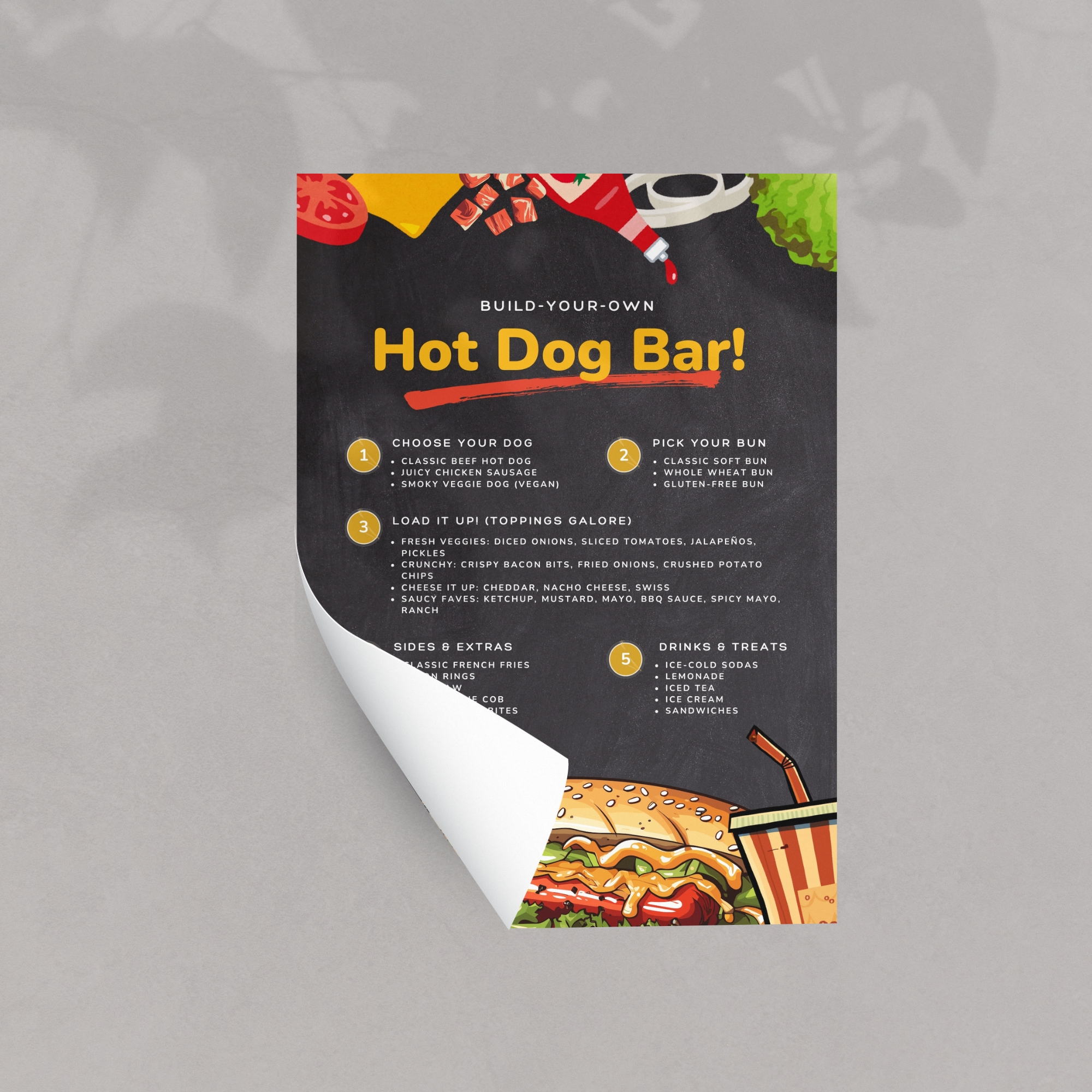 Hot Dog Bar Menu Printable one page Mock Up