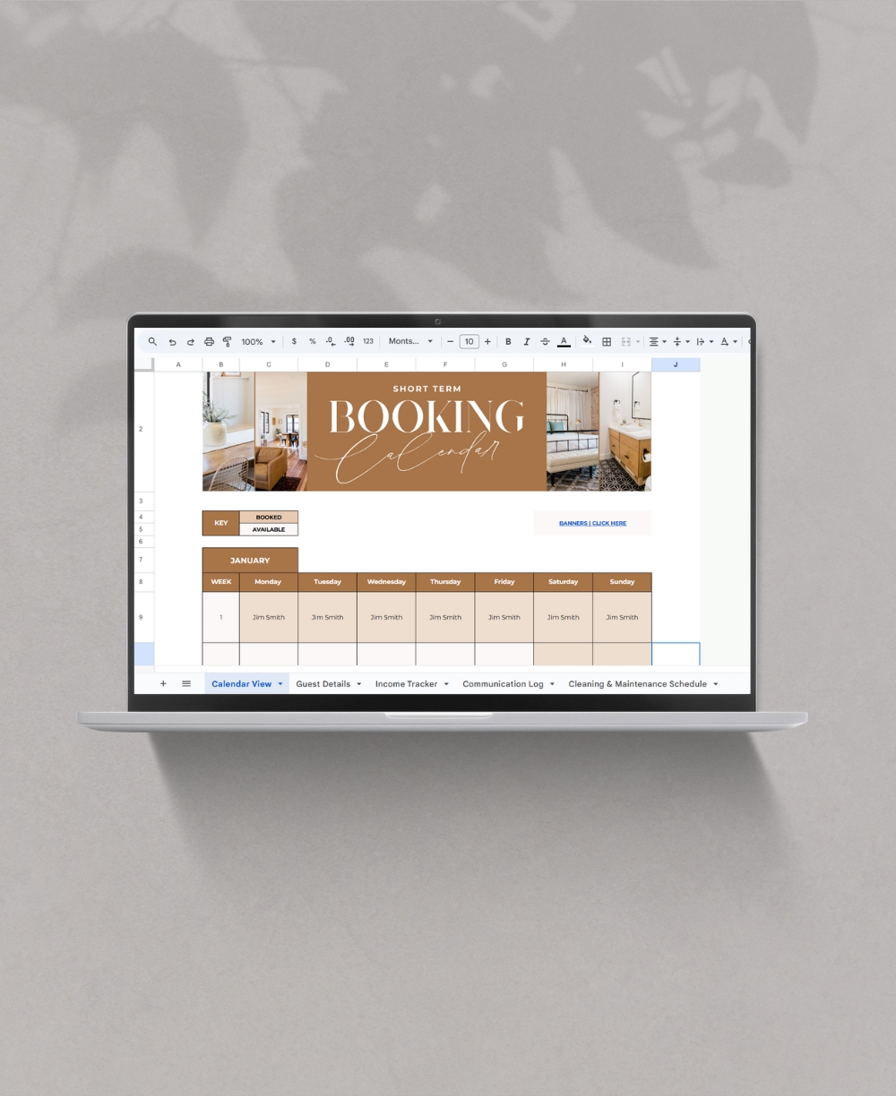 Booking Calendar (Short term lets) Google Sheet Mock Up