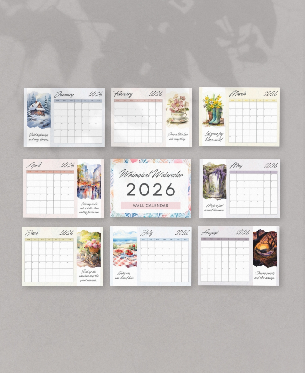 Whimsical Watercolors 2026 Wall Calendar Mock Up
